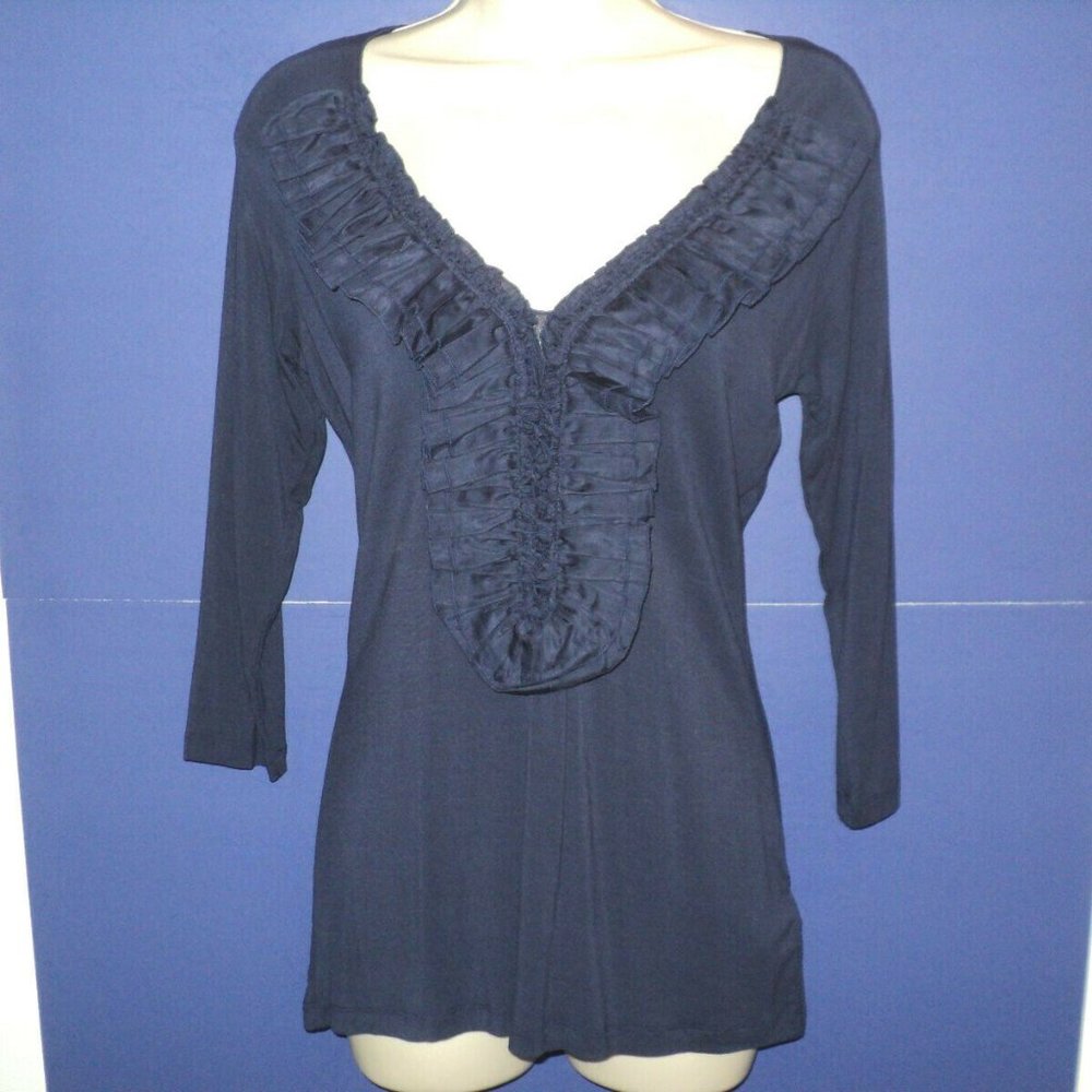 Wyeth Blouse Size M Navy Blue Ruffled 3/4 Sleeves